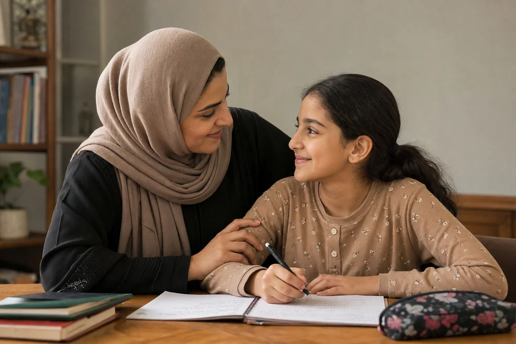 Arab mother and daughter sharing a quiet learning success after completing a written task