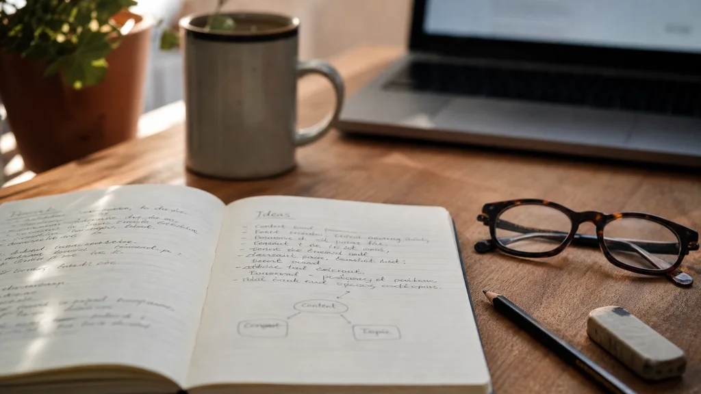 Thoughtful teenager comparing handwritten notes and a visual diagram with an AI-assisted draft on a laptop