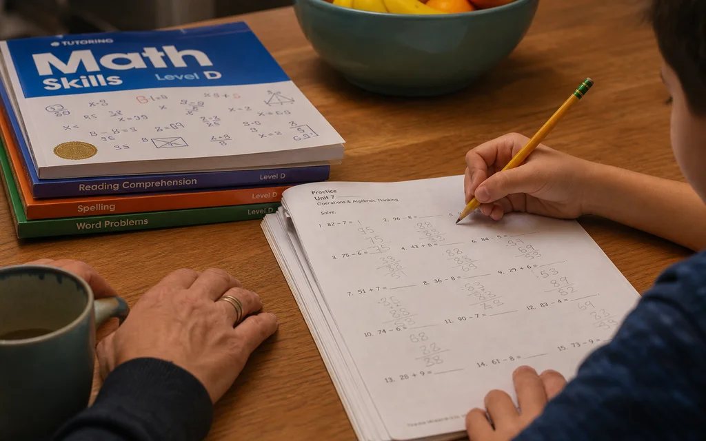 Stack of tutoring workbooks beside still-frustrating homework on a desk