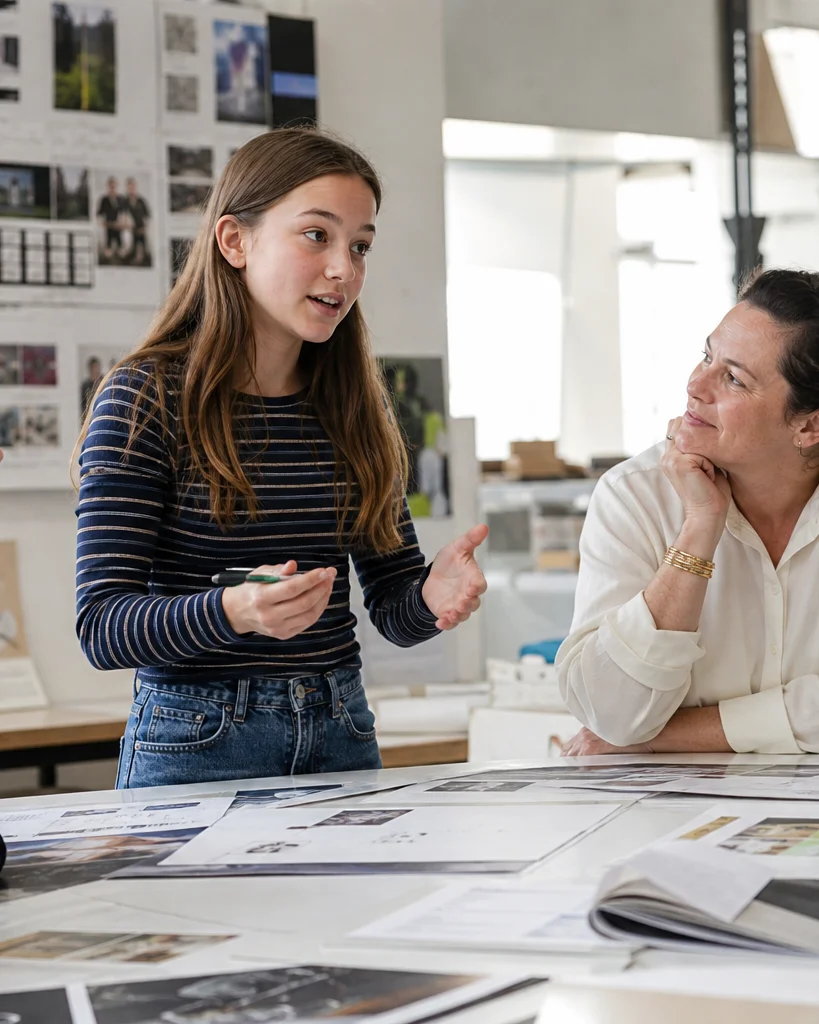 A capable teenage girl explaining a sophisticated visual idea at a creative studio table while engaged adults and peers listen