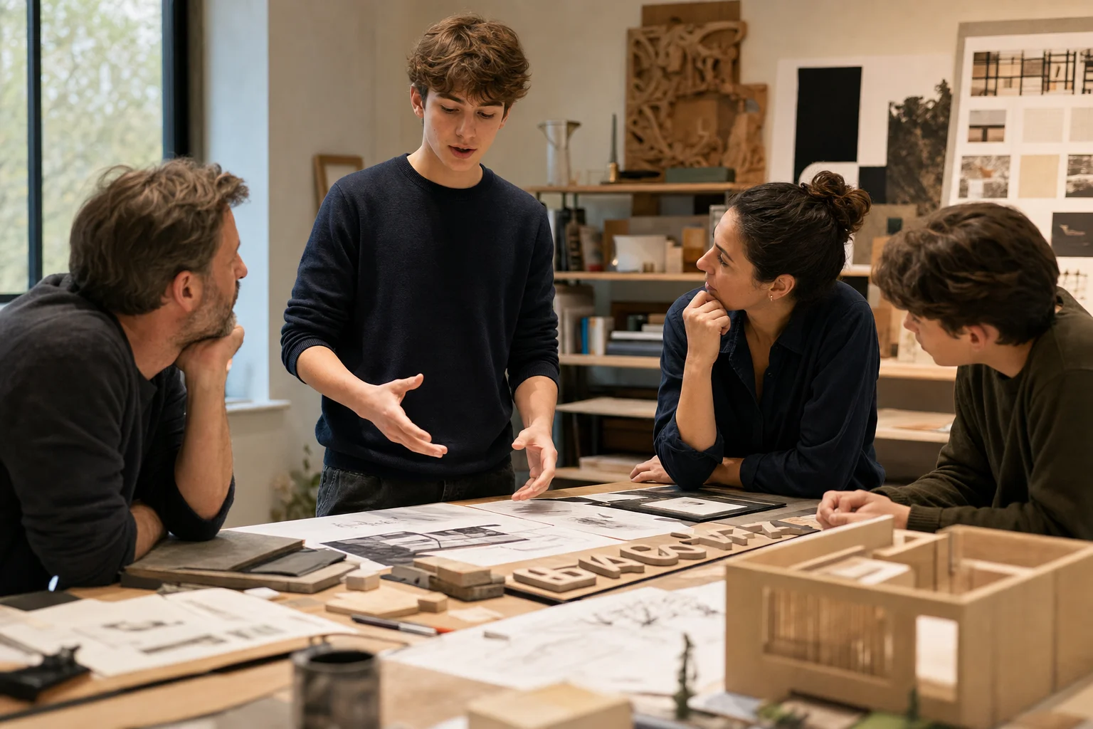 A capable teenager presenting a visual design idea at a studio table while parents and siblings listen and engage with plans and models