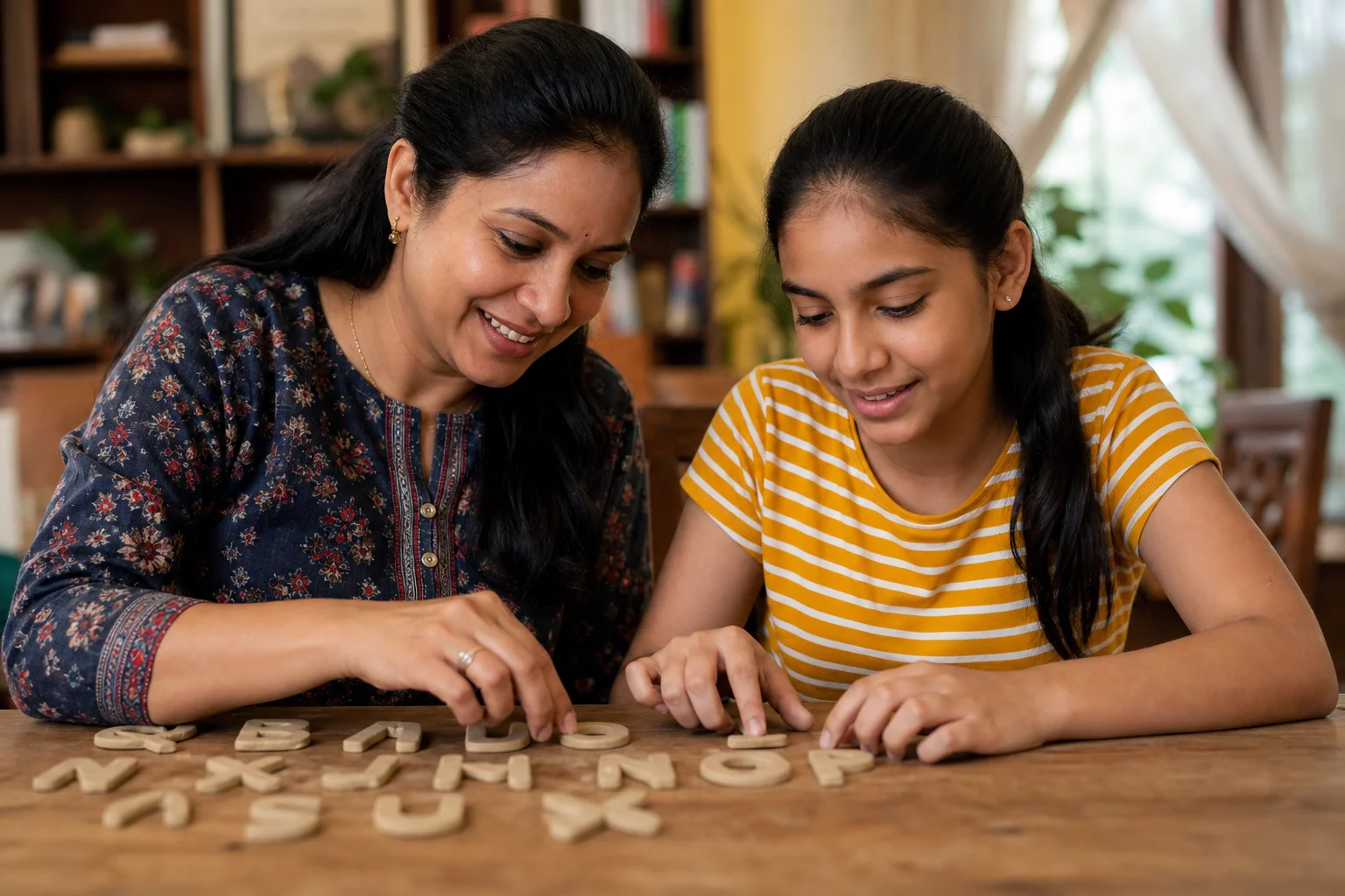 Indian mother and teenage daughter learning together with beige clay alphabet letters at a family table
