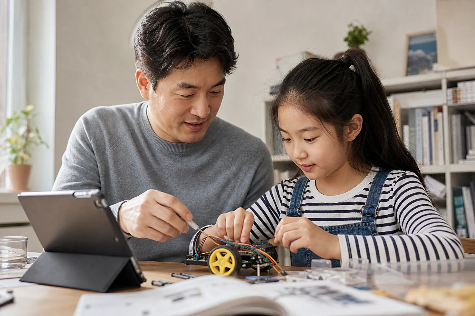 Korean father and daughter participating together in a hands-on learning activity at home