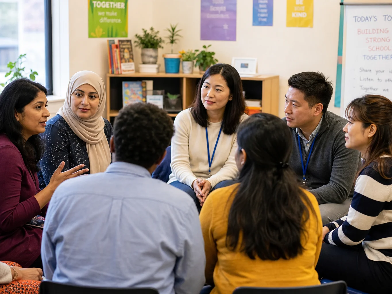 Diverse community learning circle with parents and educators of varied backgrounds in thoughtful conversation